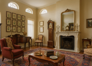 Vintage antiques in a traditional living room with Georgian sideboard and red armchair