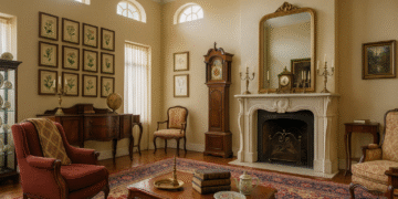 Vintage antiques in a traditional living room with Georgian sideboard and red armchair